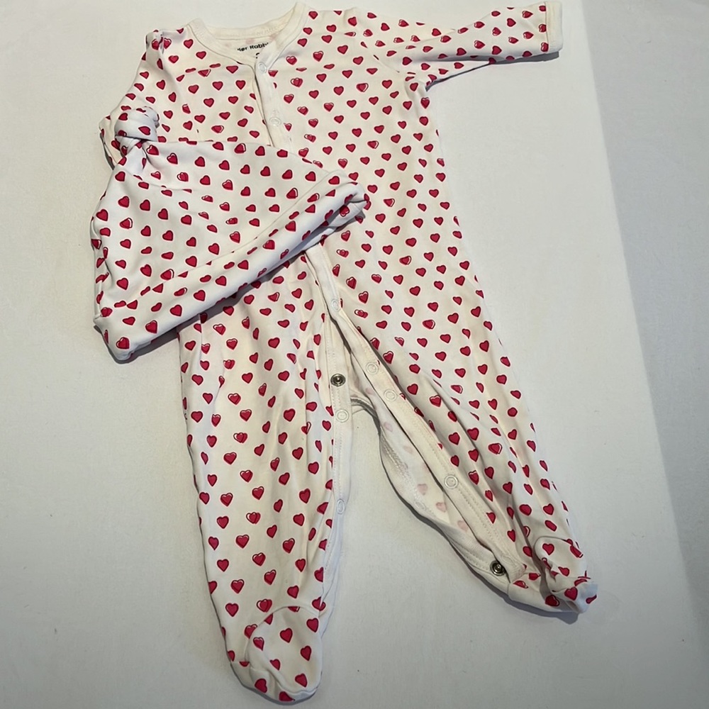 Roller Rabbit pink hearts pajama and hat 0-3 months